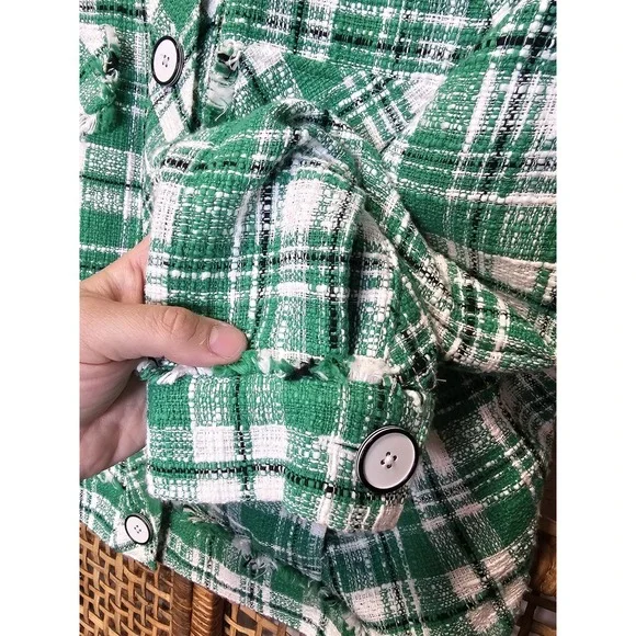Cabi Library Women's MJacket Green White Black Plaid Tweed Blazer fringe hem - Picture 5 of 8